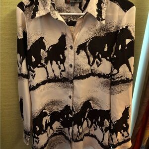 Horse Print Blouse Long Sleeve Size M